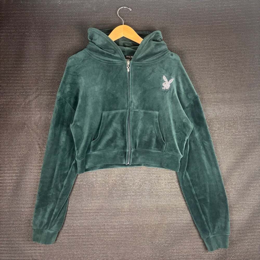 Playboy Velour Rhinestone Bunny Zip Hoodie Green